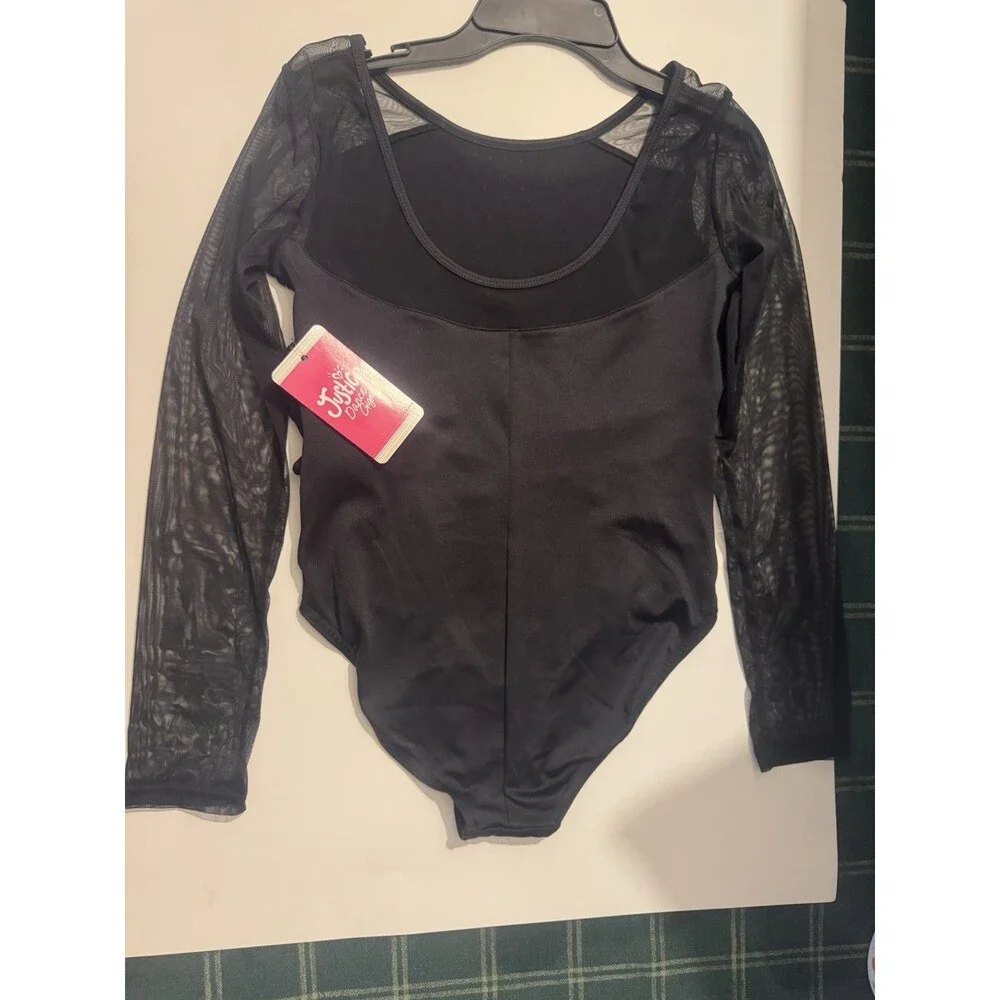 Justice Girls Black Long Sleeve Leotard Mesh Dance Gymnastics XL 16-18